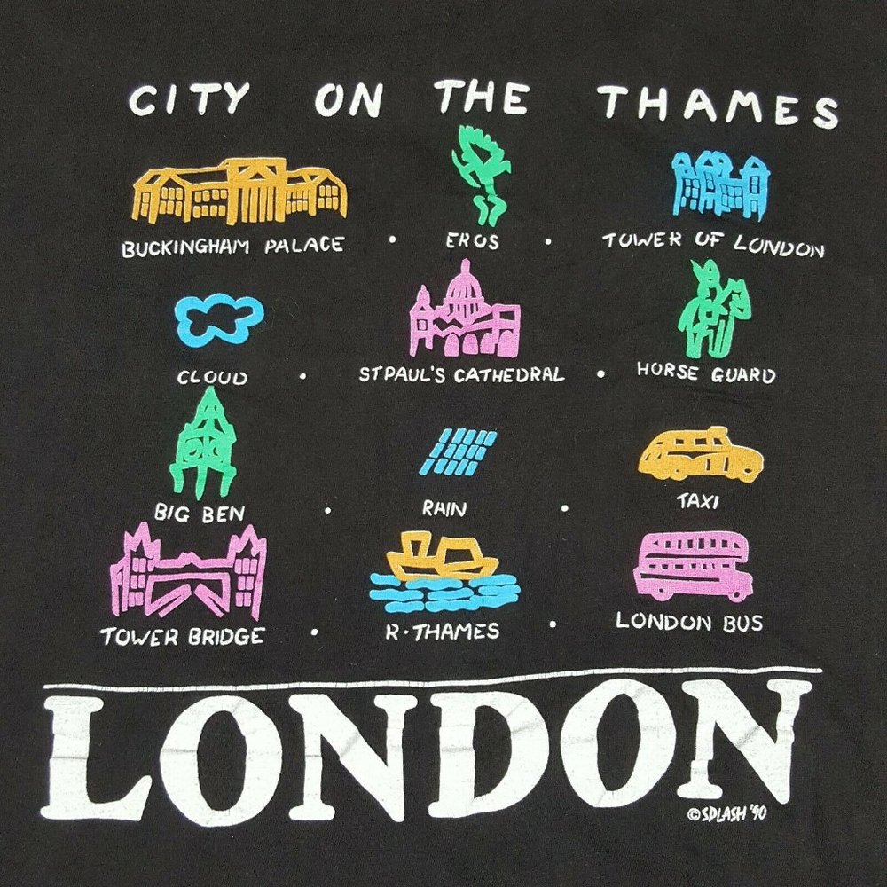 Vtg 90s London T-Shirt Black Spell Out Thames
